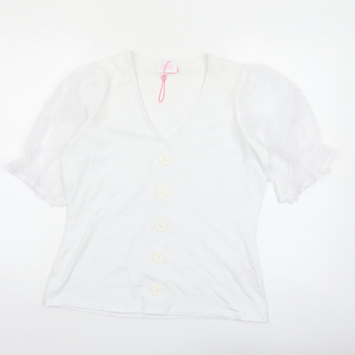 Savida Women White V-Neck Puff Sleeve Button Blouse Size 12
