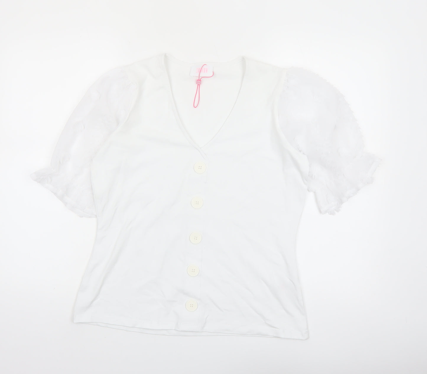 Savida Women White V-Neck Puff Sleeve Button Blouse Size 12
