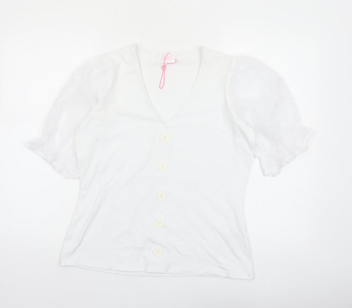 Savida Women White V-Neck Puff Sleeve Button Blouse Size 12