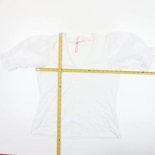 Savida Women White V-Neck Puff Sleeve Button Blouse Size 12