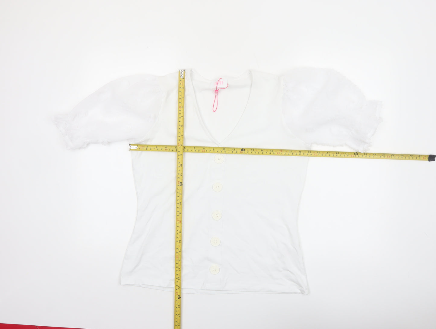 Savida Women White V-Neck Puff Sleeve Button Blouse Size 12