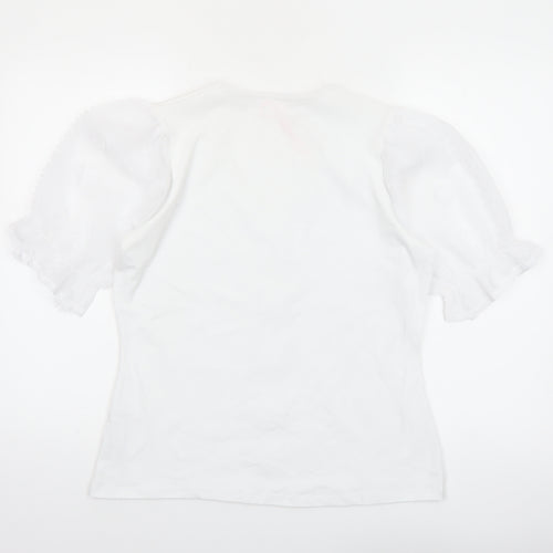 Savida Women White V-Neck Puff Sleeve Button Blouse Size 12