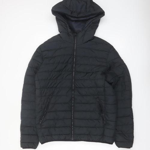 Jack & Jones Men's Black L Puffer Jacket Hooded Full Zip Polyester