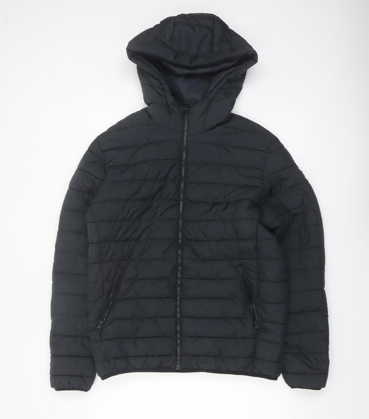 Jack & Jones Men's Black L Puffer Jacket Hooded Full Zip Polyester