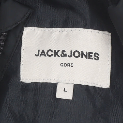 Jack & Jones Men's Black L Puffer Jacket Hooded Full Zip Polyester