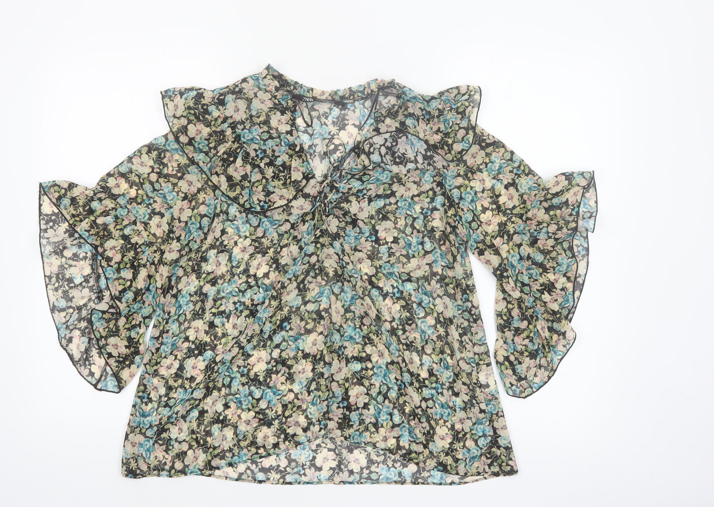 Zara Womens Multicoloured Floral Ruffle Chiffon Blouse XS