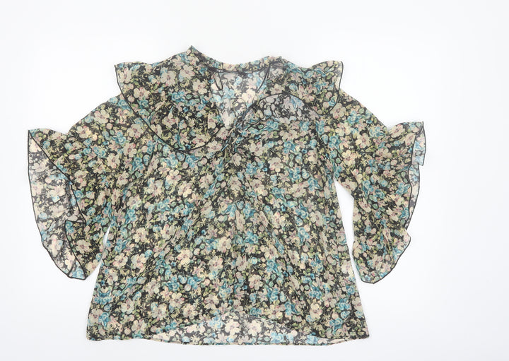 Zara Womens Multicoloured Floral Ruffle Chiffon Blouse XS