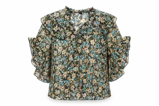 Front view of Zara women’s multicoloured floral ruffle chiffon blouse xs