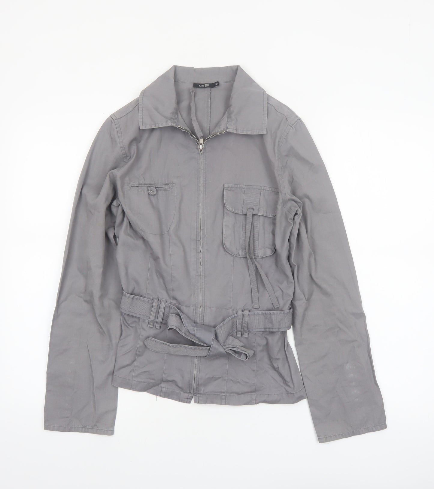 Autre Ton Womens Grey Cotton Utility Jacket Size 8 Belted Zip Up