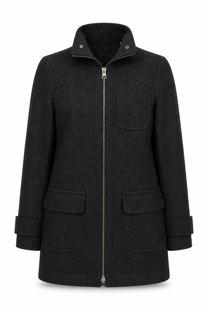 Front view of DKNY Jeans Women's Black Wool Mid-Length Zip Coat, size M