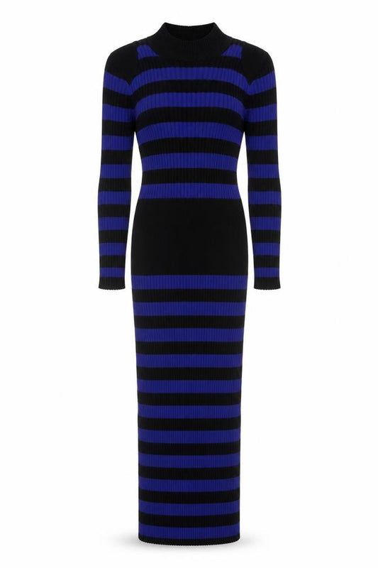 Front view of Gabrielle Union Women's Blue Black Striped Long Bodycon Dress, size S