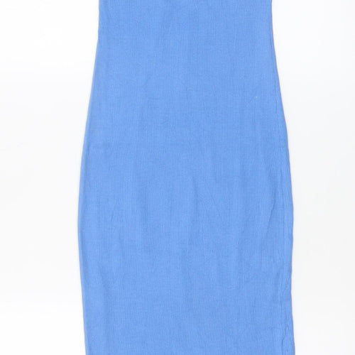 Zara Women Blue Ribbed Cotton Bodycon Midi Dress Size S