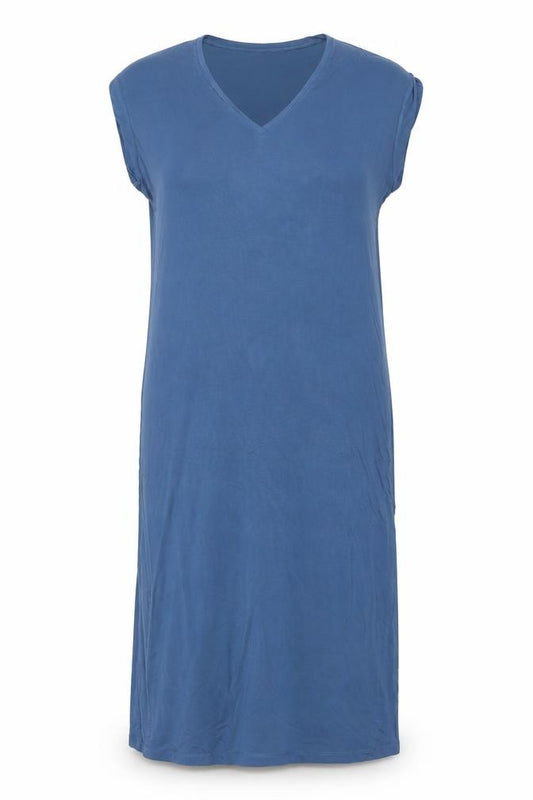Front view of Zara Women Blue V-Neck Sleeveless Stretch T-Shirt Dress, size 12