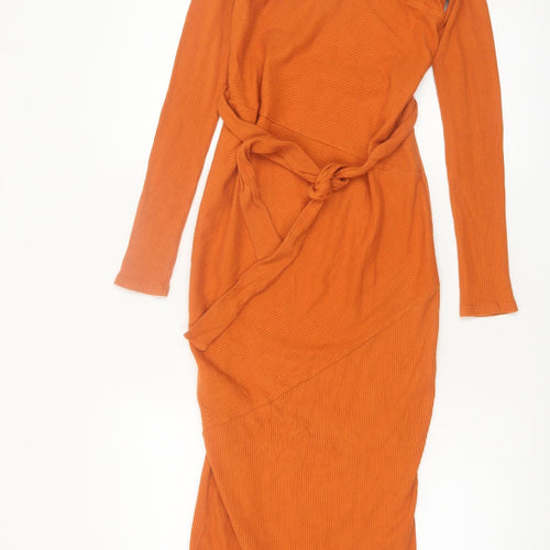 River Island Women’s Orange Off Shoulder Midi Bodycon Dress Size 10