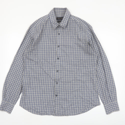 Massimo Dutti Men's Blue Check Button-Up Shirt Size L Long Sleeve Cotton