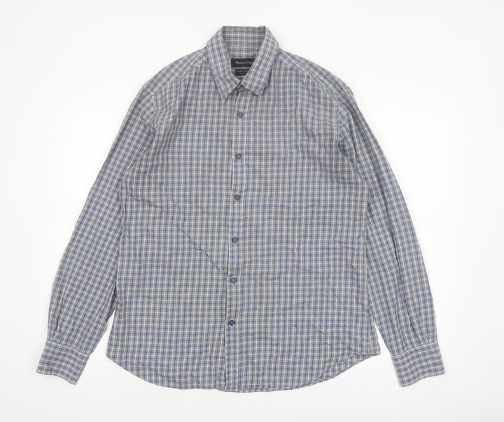 Massimo Dutti Men's Blue Check Button-Up Shirt Size L Long Sleeve Cotton