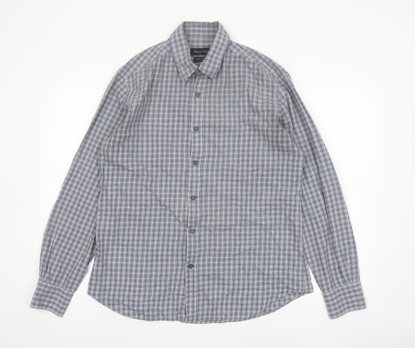 Massimo Dutti Men's Blue Check Button-Up Shirt Size L Long Sleeve Cotton