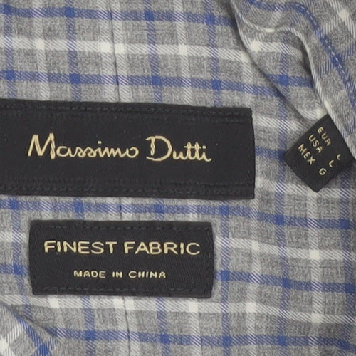 Massimo Dutti Men's Blue Check Button-Up Shirt Size L Long Sleeve Cotton