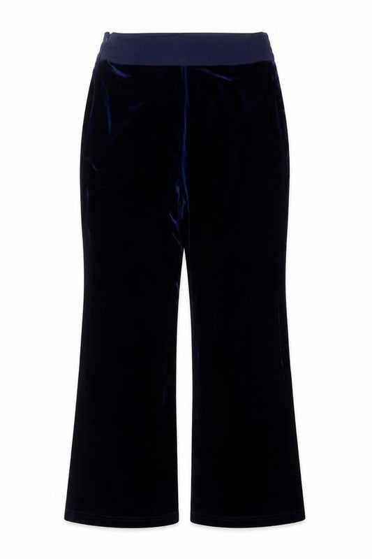 Front view of MOTF Women's Blue Velvet Stretch Trousers, size M, Regular Fit