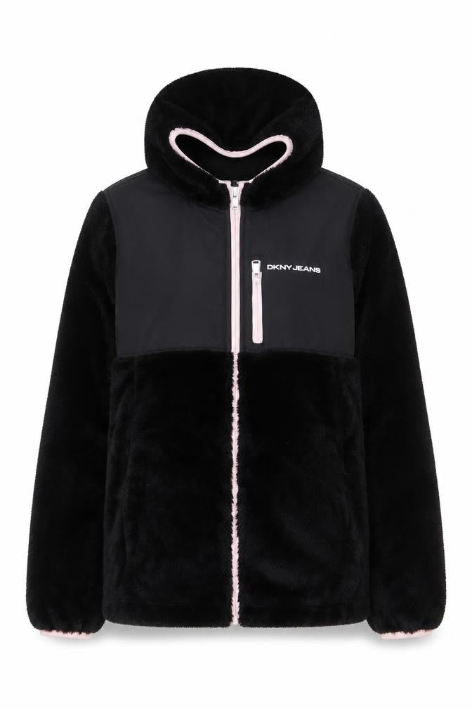 Front view of DKNY Jeans Women's Black Full Zip Hooded Sweatshirt, size L