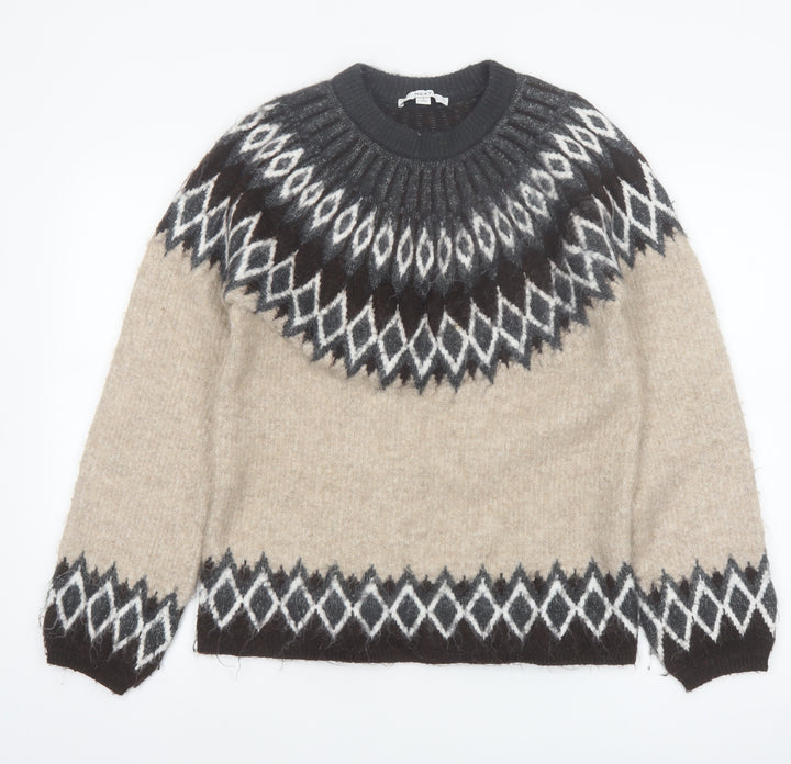 Next Women’s Beige Geometric Knit Jumper Size S Crew Neck Long Sleeve
