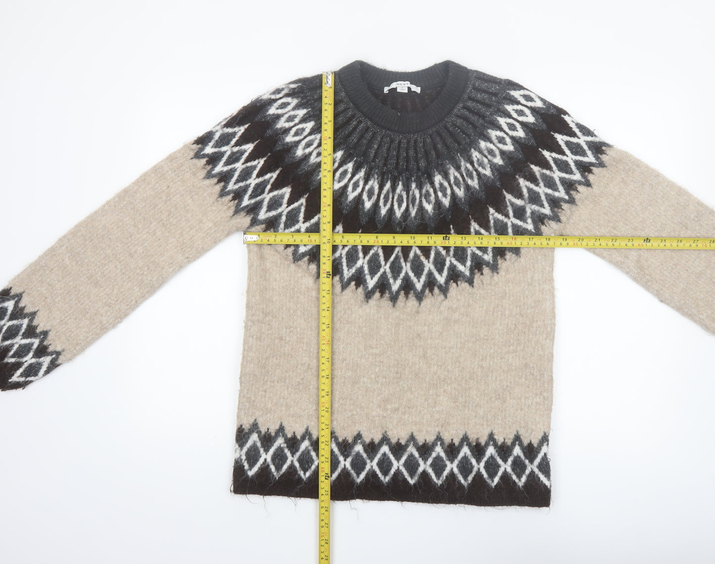 Next Women’s Beige Geometric Knit Jumper Size S Crew Neck Long Sleeve