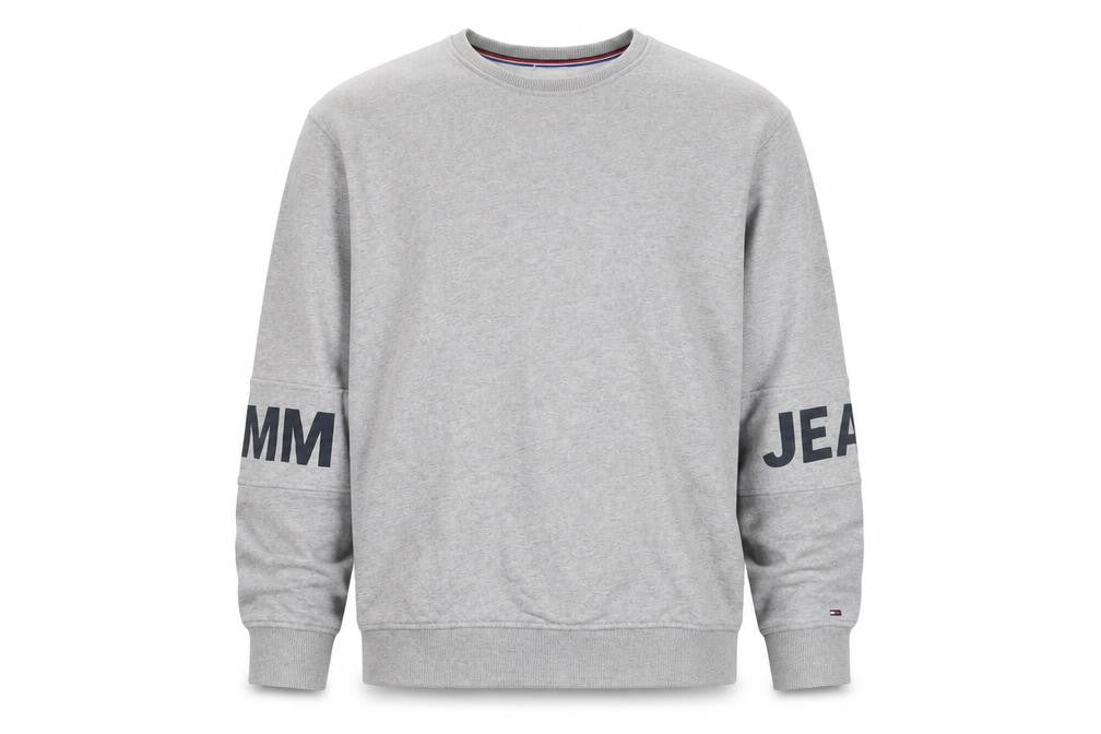 Front view of Tommy Jeans Men's Grey Logo Sweatshirt M Pullover Crew Neck