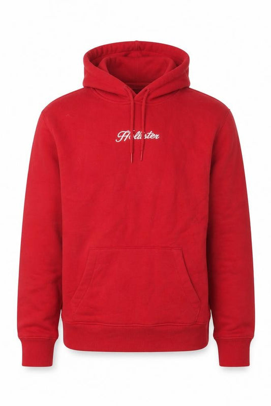 Front view of Hollister Men’s Red Pullover Hoodie Small Fleece Logo Sweatshirt