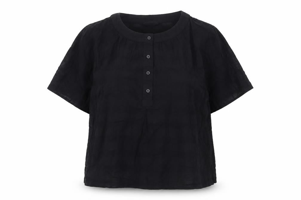 Front view of Marks & Spencer women’s black cotton short sleeve blouse, size UK 10