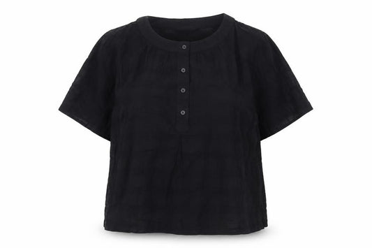 Front view of Marks & Spencer women’s black cotton short sleeve blouse, size UK 10