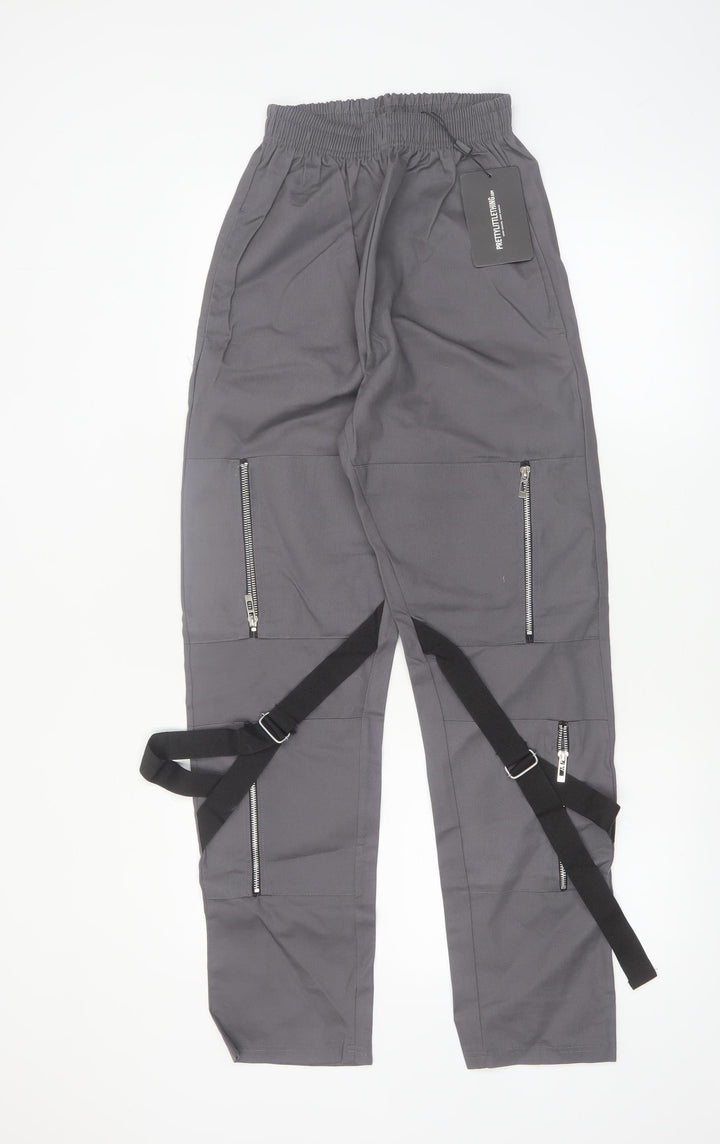 PrettyLittleThing Women Grey Cargo Trousers UK 4 Utility Zip Strap Pants
