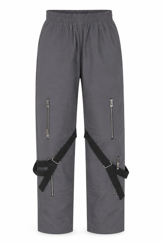 Front view of PRETTYLITTLETHING Women Grey Cargo Trousers UK 4 Utility Zip Strap Pants