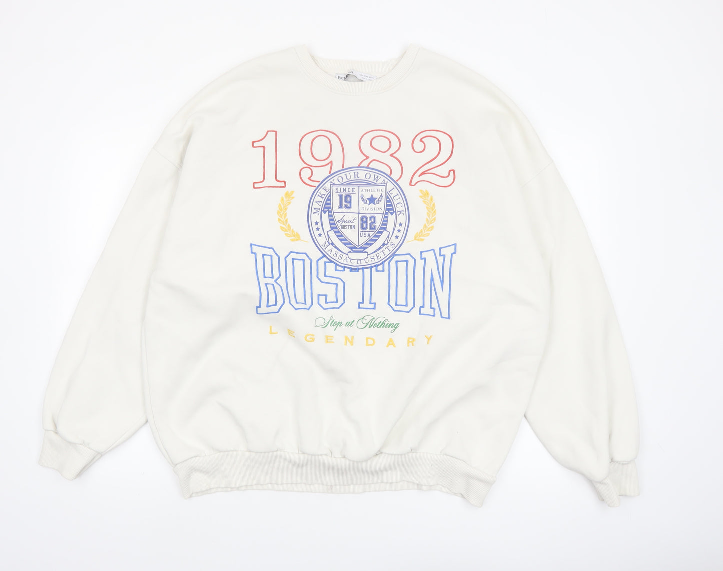 Bershka Men's White Boston 1982 Graphic Sweatshirt Size M