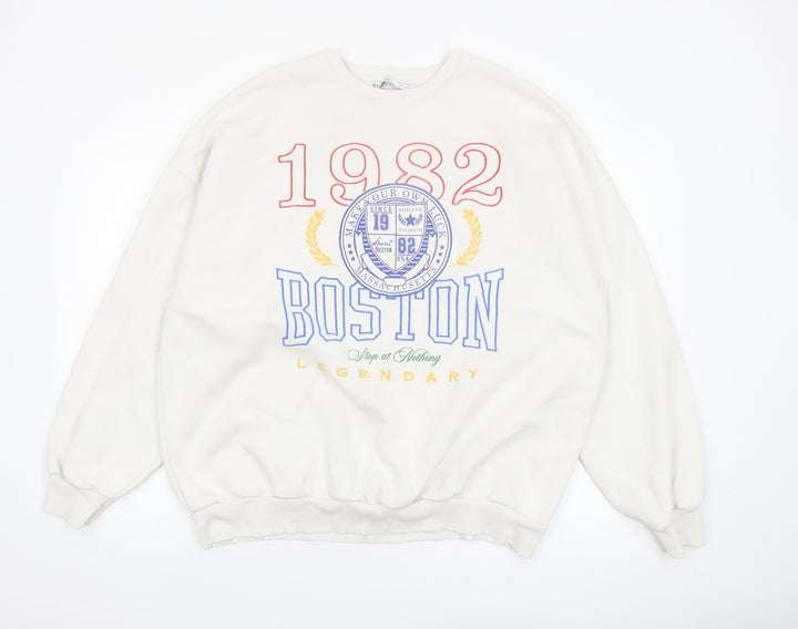Bershka Men's White Boston 1982 Graphic Sweatshirt Size M