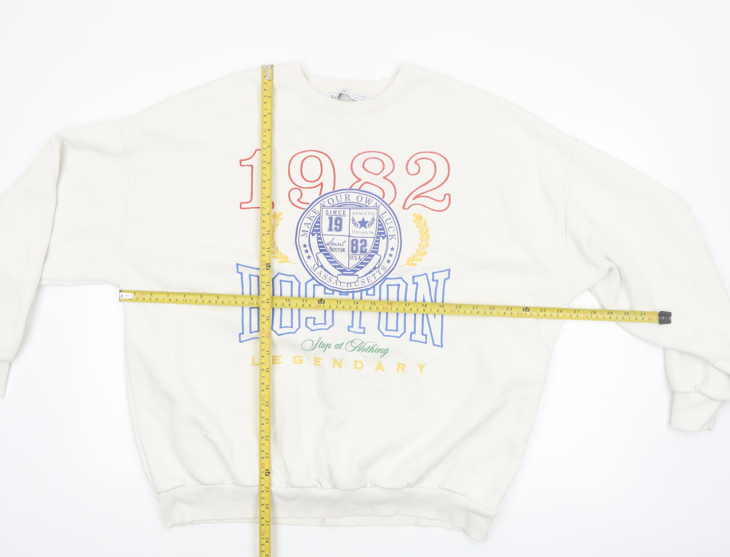 Bershka Men's White Boston 1982 Graphic Sweatshirt Size M
