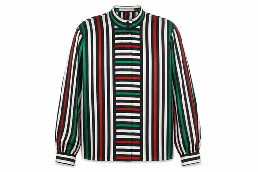 Front view of Jaeger Women Multicoloured Silk Striped Long Sleeve Blouse, size 10