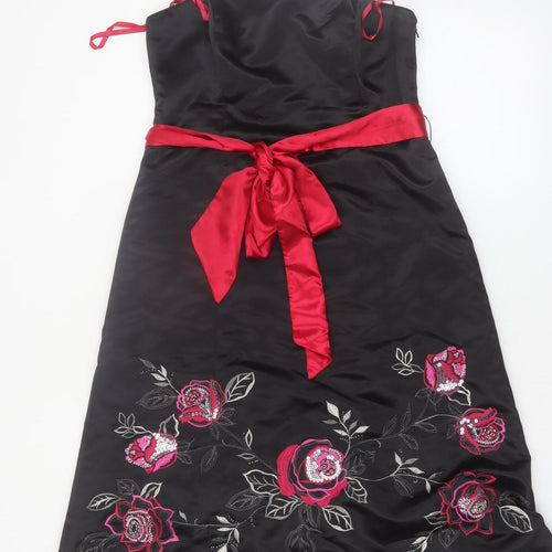 Début Womens Black Red Floral Embroidered Strapless Knee Dress Size 12