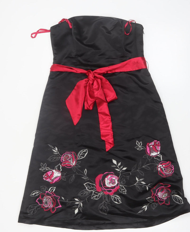 Début Womens Black Red Floral Embroidered Strapless Knee Dress Size 12