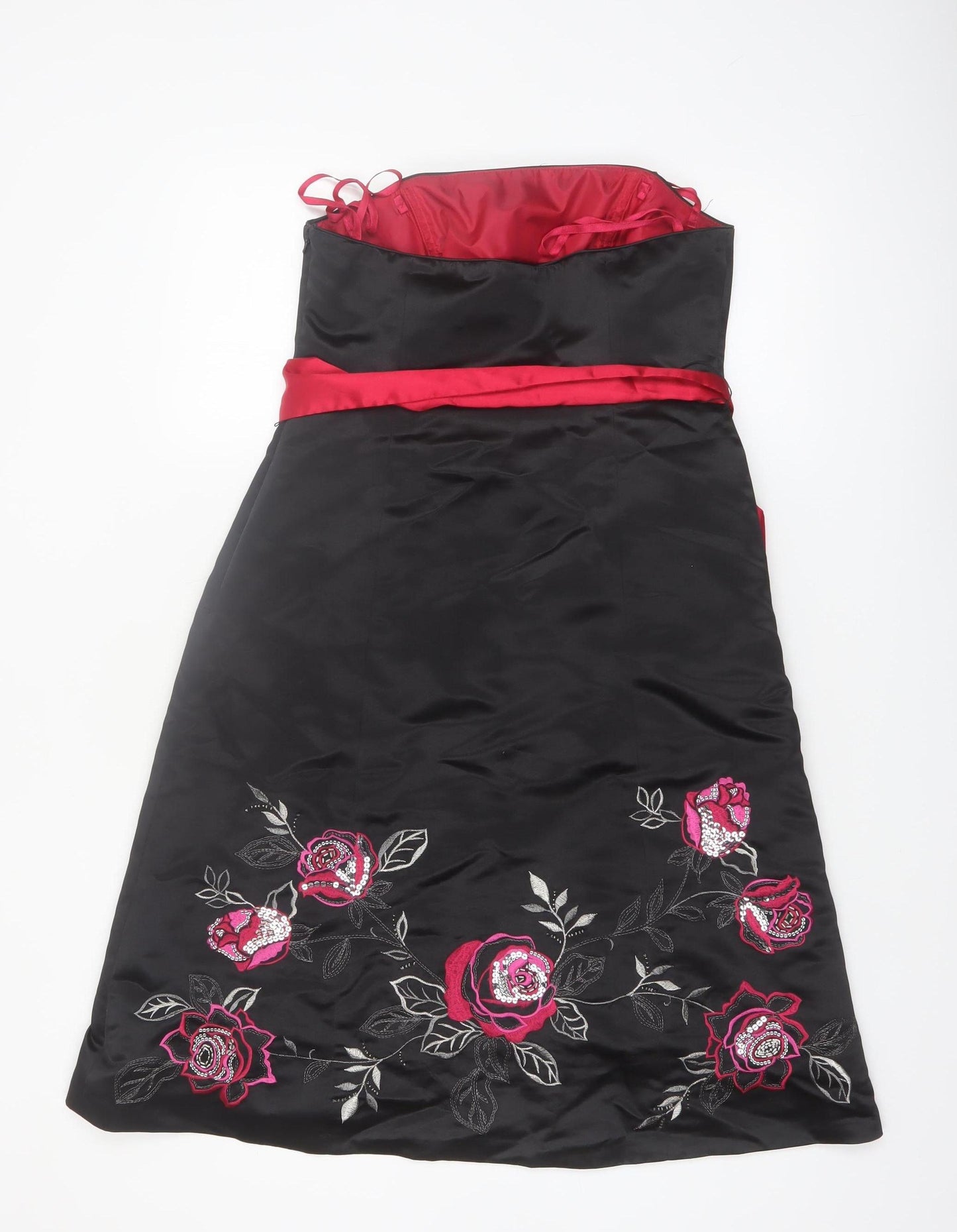 Début Womens Black Red Floral Embroidered Strapless Knee Dress Size 12