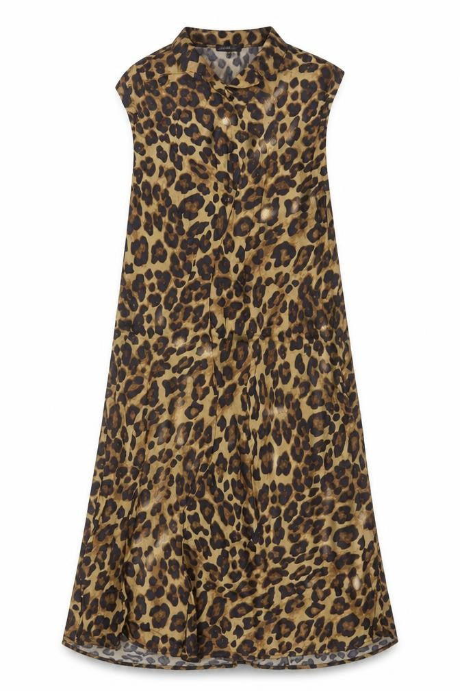 Front view of H&M women’s beige leopard print a-line midi skirt, size UK 4, viscose