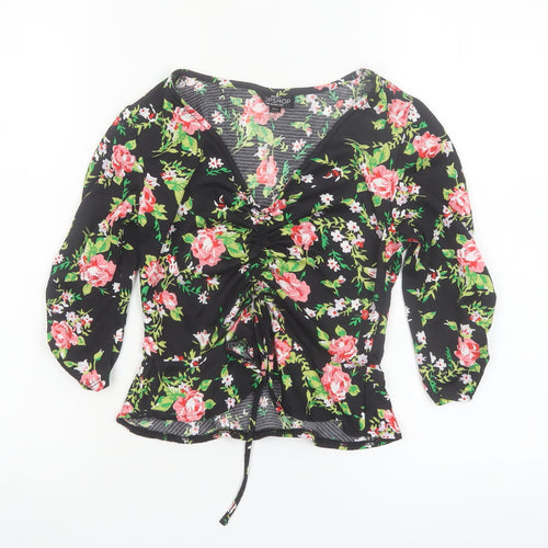Topshop Petite Women's Black Floral V-Neck Ruched Tunic Blouse UK 6