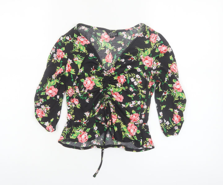 Topshop Petite Women's Black Floral V-Neck Ruched Tunic Blouse UK 6