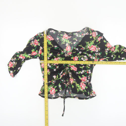 Topshop Petite Women's Black Floral V-Neck Ruched Tunic Blouse UK 6