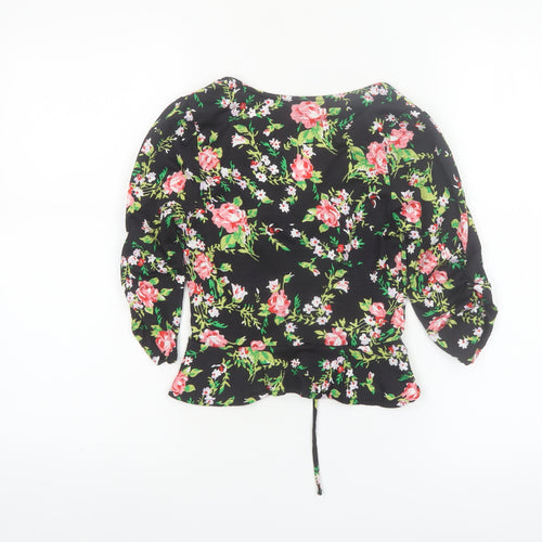 Topshop Petite Women's Black Floral V-Neck Ruched Tunic Blouse UK 6