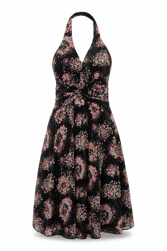 Front view of Mango Suit Women's Black Floral Halter Knee Length Dress, size 8