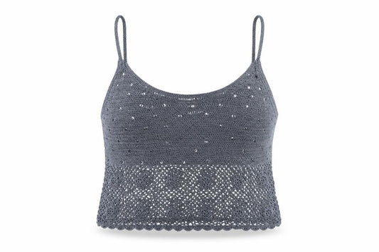 Front view of Caroll Women’s Grey Crochet Sequin Camisole Top, size UK 16