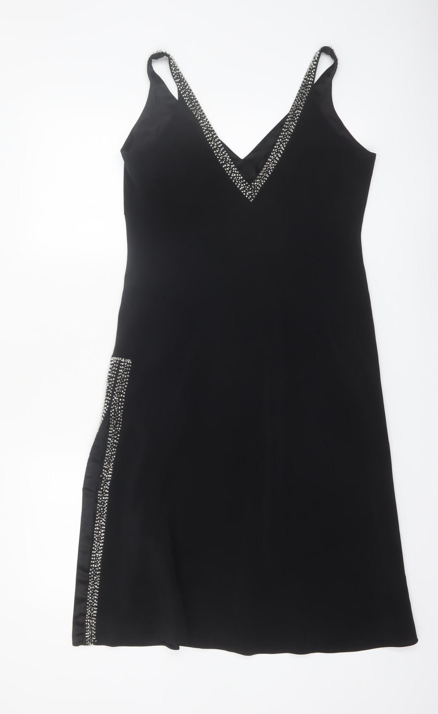 BL Women's Black Beaded V-Neck Slip Dress Size 12 Party Cocktail