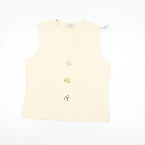 Marks and Spencer Women Beige Sleeveless V-Neck Button Blouse M