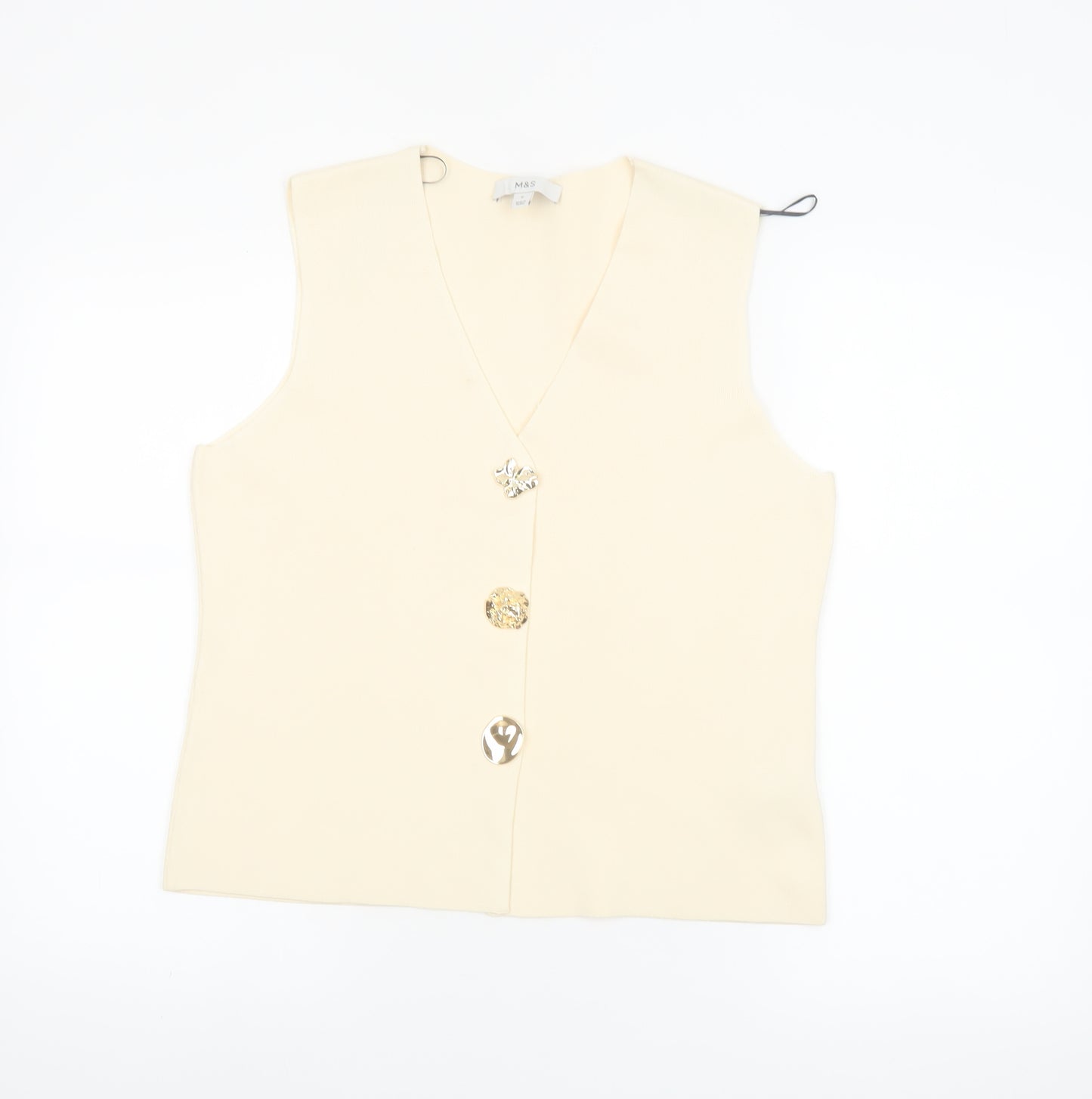 Marks and Spencer Women Beige Sleeveless V-Neck Button Blouse M