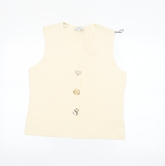 Marks and Spencer Women Beige Sleeveless V-Neck Button Blouse M
